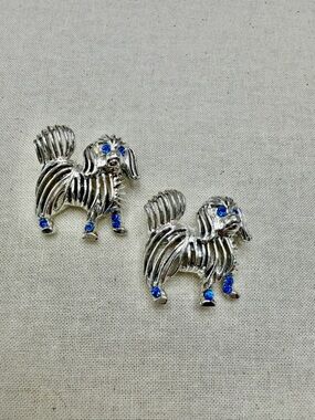 Vintage Silver Dog  Brooches with Blue Rhinestones